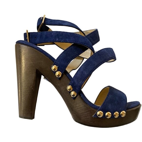 Jimmy Choo Suede Studded Unity Platform Sandals Heels 38 US 8 Blue Gold Strappy - Picture 4 of 16